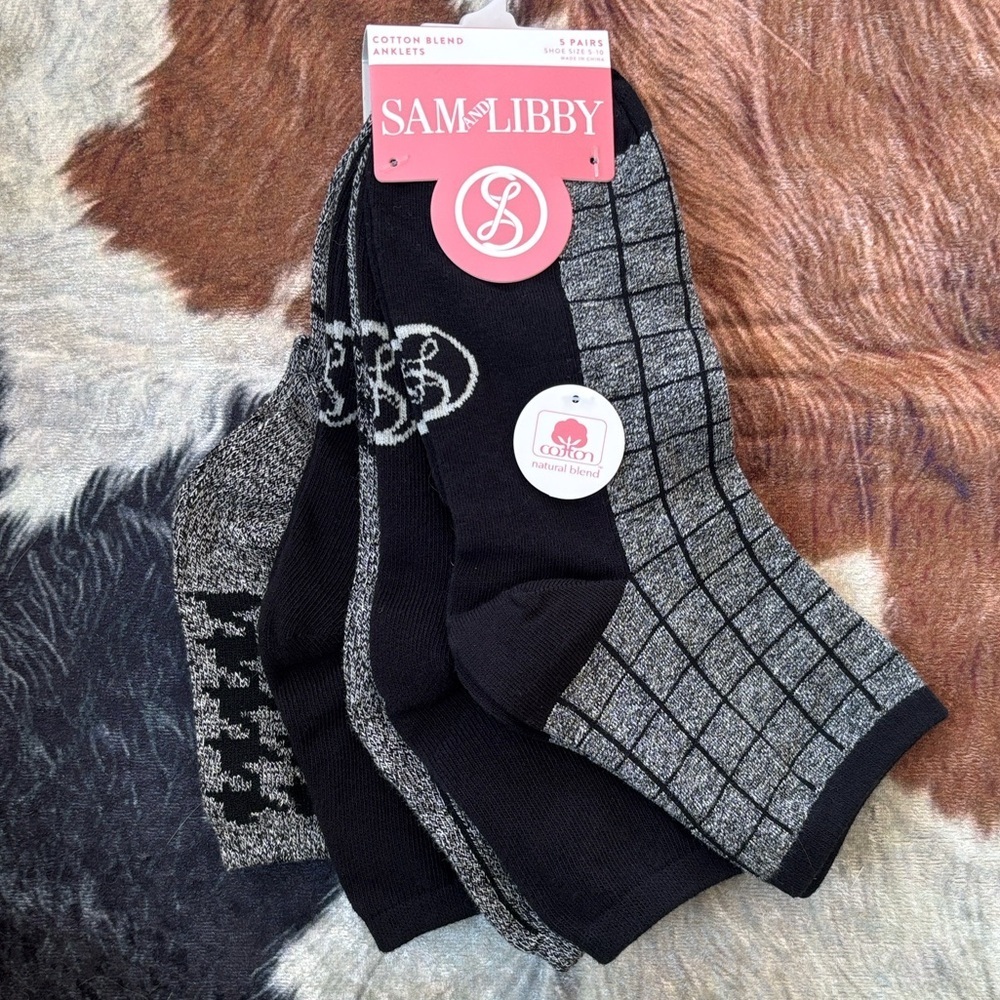 Brand New Sam and Libby 5-Pack Black & Gray Cotten Blend Anklets Comfort Cuff
